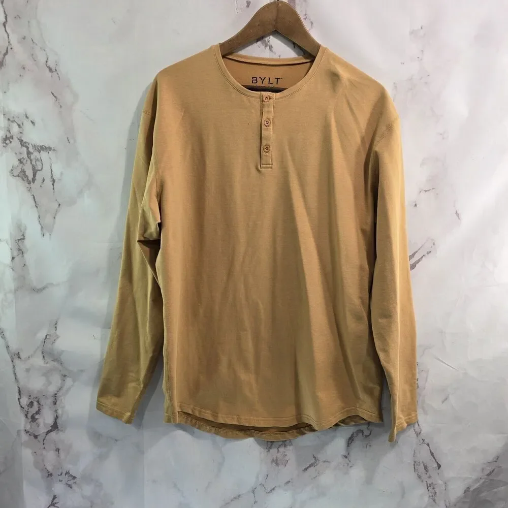 Bylt Shirt Mens Large Orange Drop Cut Henley Luxe Long Sleeve Tee T Button